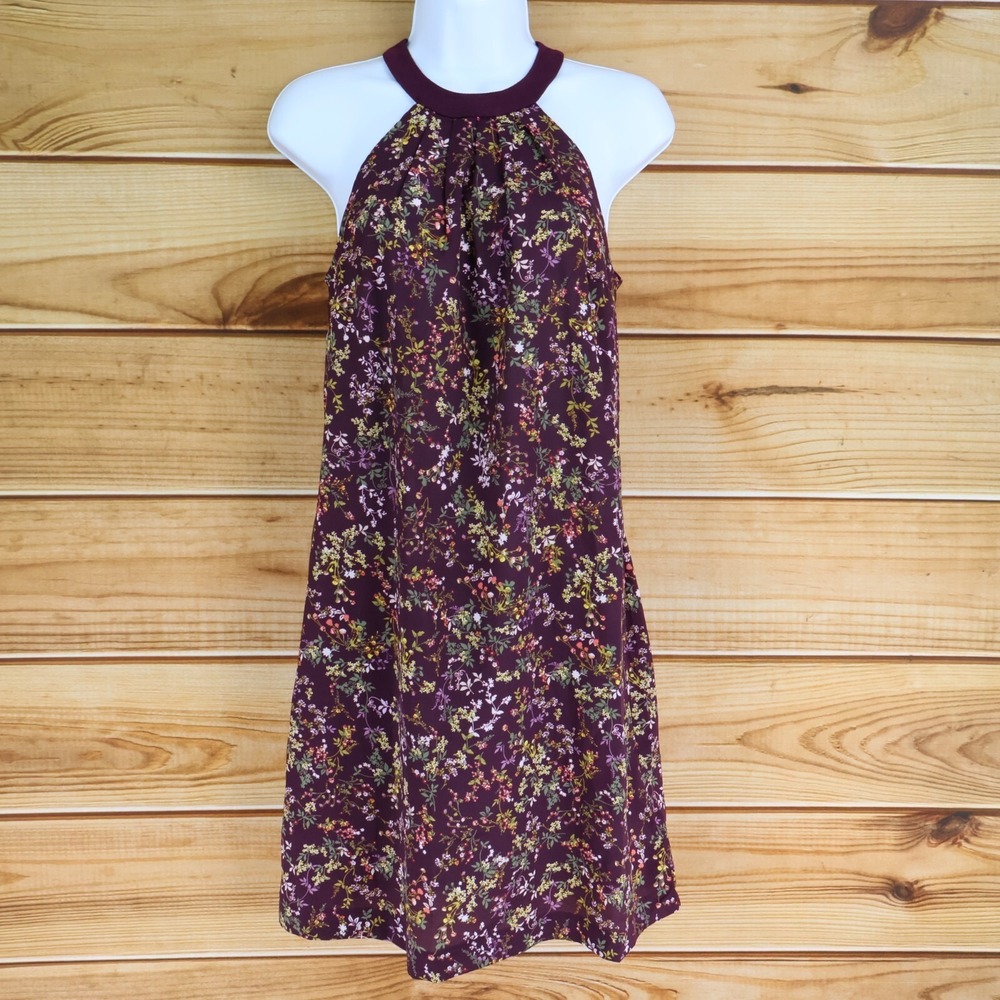 Merona Short Halter Neck Dress Womens XS Purple Floral Pockets‎ Bow Lightweight